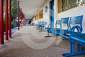 Blue bench in school yard
