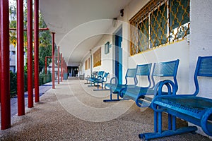 Blue bench in school yard