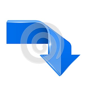 Blue bent arrow. Down 3d symbol