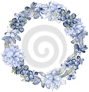 Blue berries and flowers wreath. Christmas and New Year's card. Watercolor circle holiday frame.