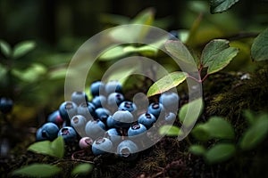Blue berries resting on mossy forest floor