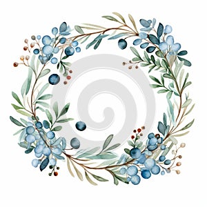 Blue Berries Watercolor Wreath - Festive Atmosphere Vector Clipart