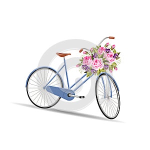 Blue bicycle with a basket full of flowers