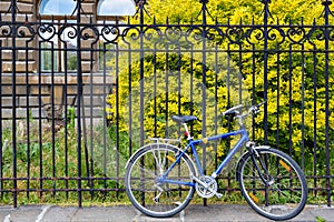 Blue bicycle stand on lock at grunge metal fence. european street. modern bicycle .