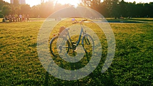 Blue bicycle standing on green lawn under sunshine with shadow on grass in park on Summer day with people on background.
