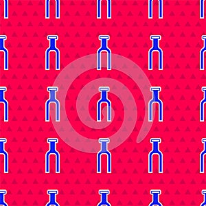 Blue Bicycle suspension fork icon isolated seamless pattern on red background. Sport transportation spare part steering