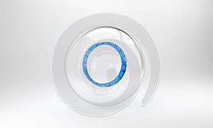 Blue Bicycle wheel icon isolated on grey background. Bike race. Wheel tire air. Sport equipment. Glass circle button. 3D