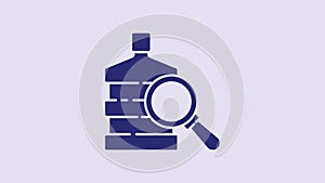 Blue Big bottle with clean water and magnifying glass icon isolated on purple background. Plastic container for the