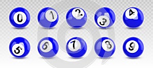 Blue billiard balls with numbers from zero to nine