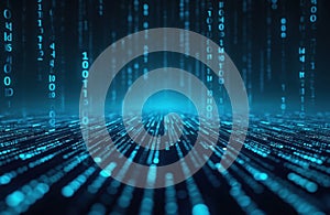 Blue binary code abstract background. Falling digital numbers create network data stream. Technology, computing, information