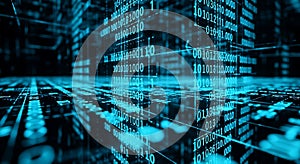 abstract blue binary code matrix background representing data flow, cybersecurity, and digital information technology concepts