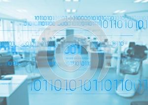 Blue binary code against blurry blue office