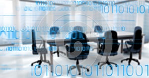 Blue binary code against blurry office