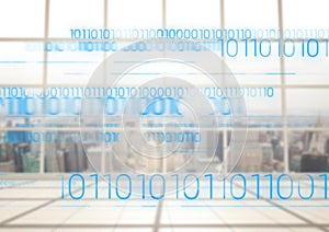 Blue binary code against blurry window