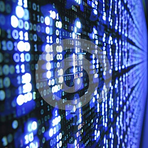 Blue Binary Code Data Flow. Digital Technology, Programming, and Cybersecurity Concept.