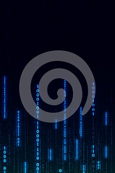 Blue binary code flowing vertically on dark background for digital technology concept
