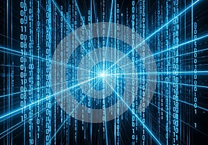 Blue Binary Code Tunnel With Light Rays data technology