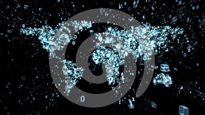 BInary explosion of data around world map illustrated as digital circuitry