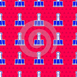 Blue Binder clip icon isolated seamless pattern on red background. Paper clip. Vector Illustration