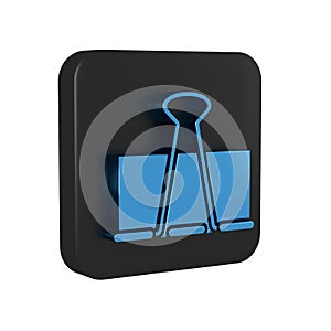Blue Binder clip icon isolated on transparent background. Paper clip. Black square button.