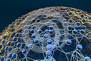 Blue biology grid with connect constrains, 3d rendering