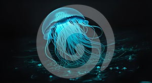 Blue bioluminescent jellyfish with black background.
