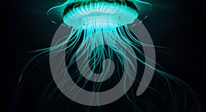 Blue bioluminescent jellyfish with black background.