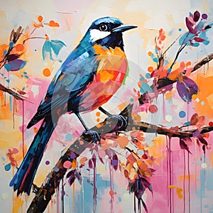 blue bird on a branch painting art colorful photo