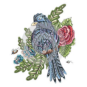 Blue bird on a branch with tea rose flowers. Vector illustration