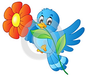 Blue bird carrying flower