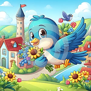 blue bird carrying a flower and flying near the town