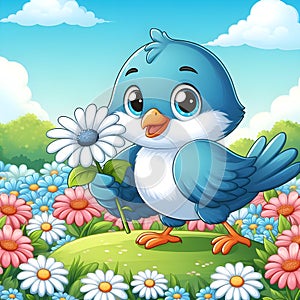 blue bird carrying white Gerbera Flower garden background