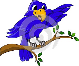 A blue bird cartoon character presenting on a branch