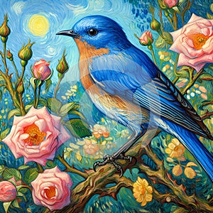 A blue bird perched on a branch, with rose bush, summer day, sunny, van gogh atyle, painting art, animal