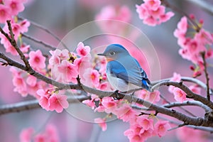 Blue bird perched delicately among vibrant pink cherry blossoms. Soft focus on surrounding petals emphasizes birds vivid blue