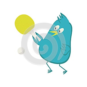 Blue bird plays ping pong. Fun and sport. Ping pong or table tennis. Racket and ball.