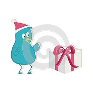 Blue bird in Santa hat and present.