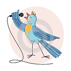 A blue bird sings into a microphone.