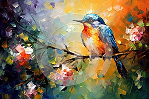 Blue Bird Sitting on Spring Branch Acrylic Painting