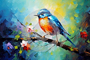 Blue Bird Sitting on Spring Branch Painting