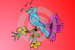 Blue bird standing on a branch with yellow leafs and purple bloom in cartoon style with music notes on red colored gradient