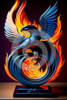 A blue bird statue with orange flames - Ai Generated Image.