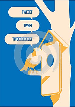 Blue bird tweet, mobile devise on tree. More tweets poster