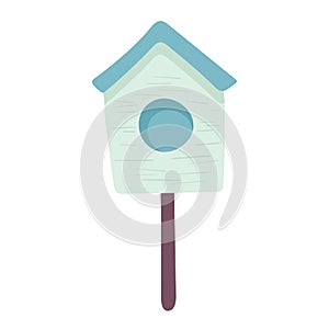 blue birdhouse, place for nest, in cartoon flat style textured object isolated on white background. Springtime