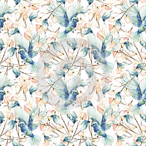 Blue birds and ight pink wild twigs and branches with leaves. Watercolor floral seamless pattern.