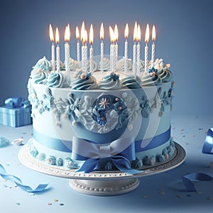 blue birthday cake with candles on a blue background. ai generative