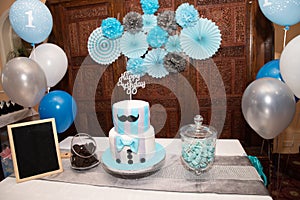 Blue birthday cake first birthday table decoration