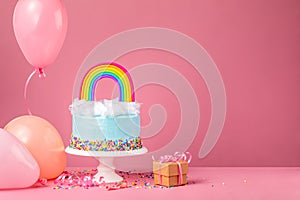 Blue Birthday Cake with party balloons and gift on Pink