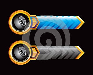 Blue and black arrows with a tire