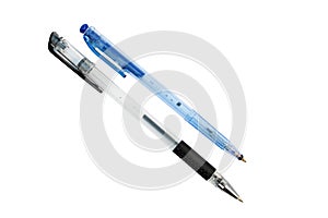 Blue and black ball pens isolated on white background